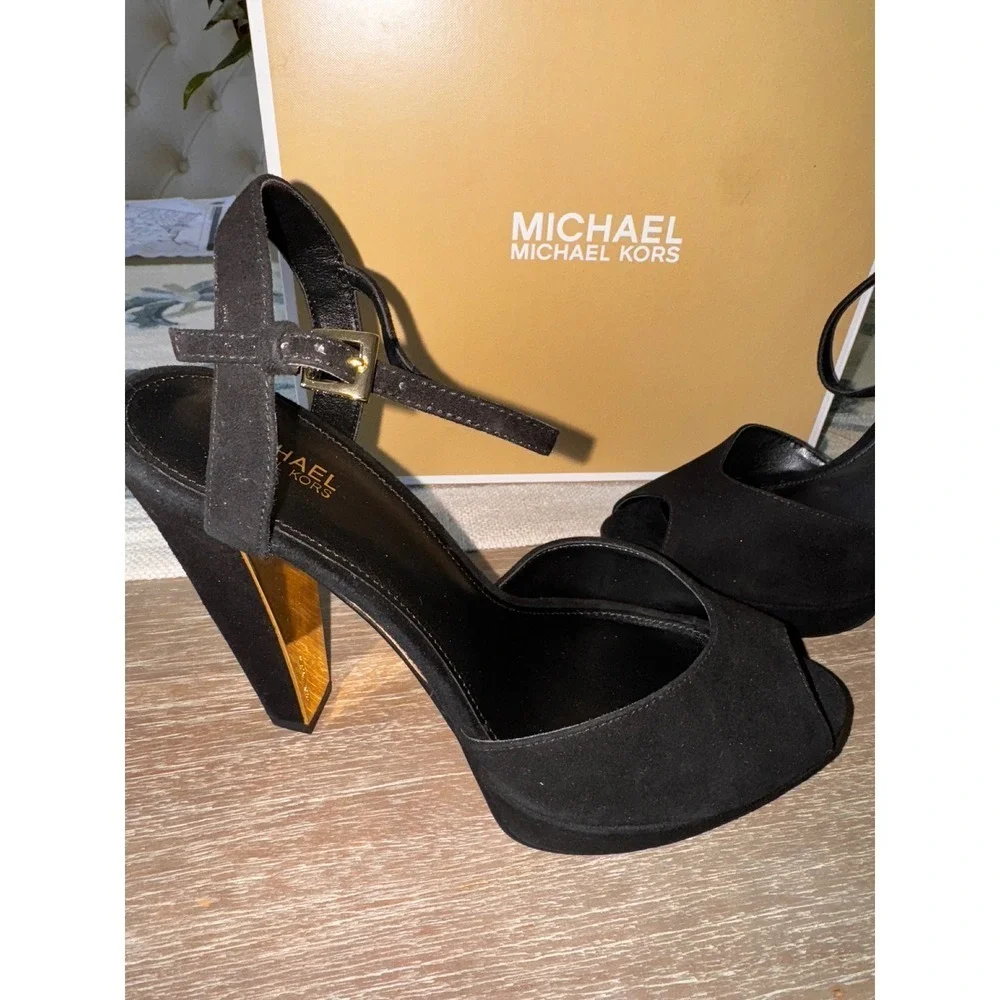 Michael Kors Claire Black Suede Peep Toe Platform Gold‎ Heel Sandals 7M